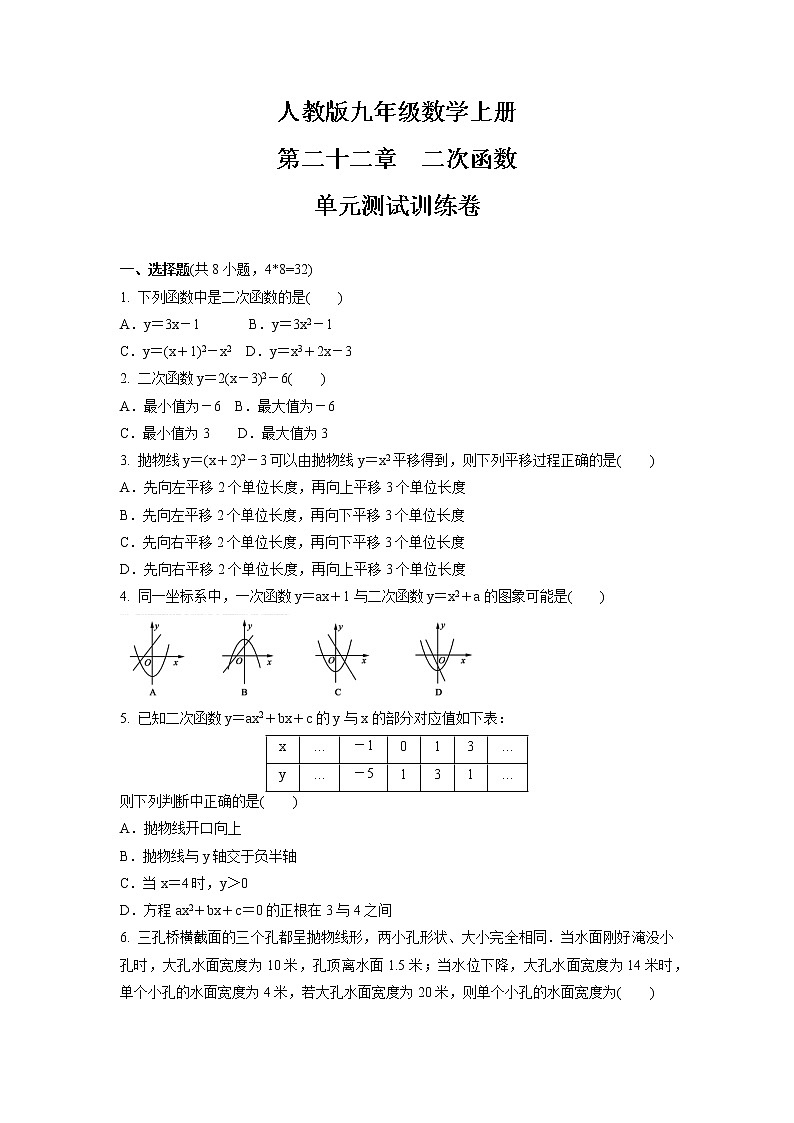 第二十二章 二次函数 单元测试训练卷 2021-2022学年人教版九年级数学上册 (word版 含答案)第1页