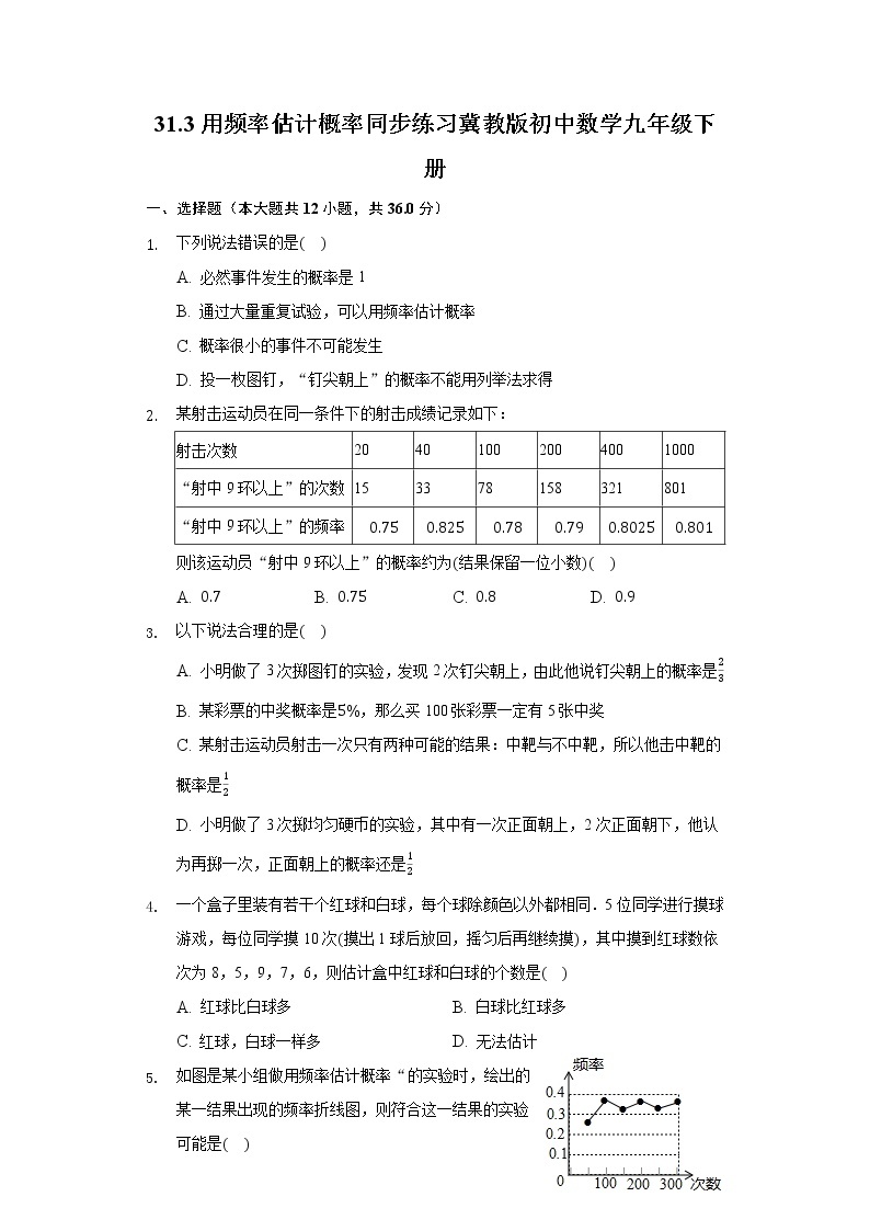 31.3用频率估计概率 同步练习 冀教版初中数学九年级下册01