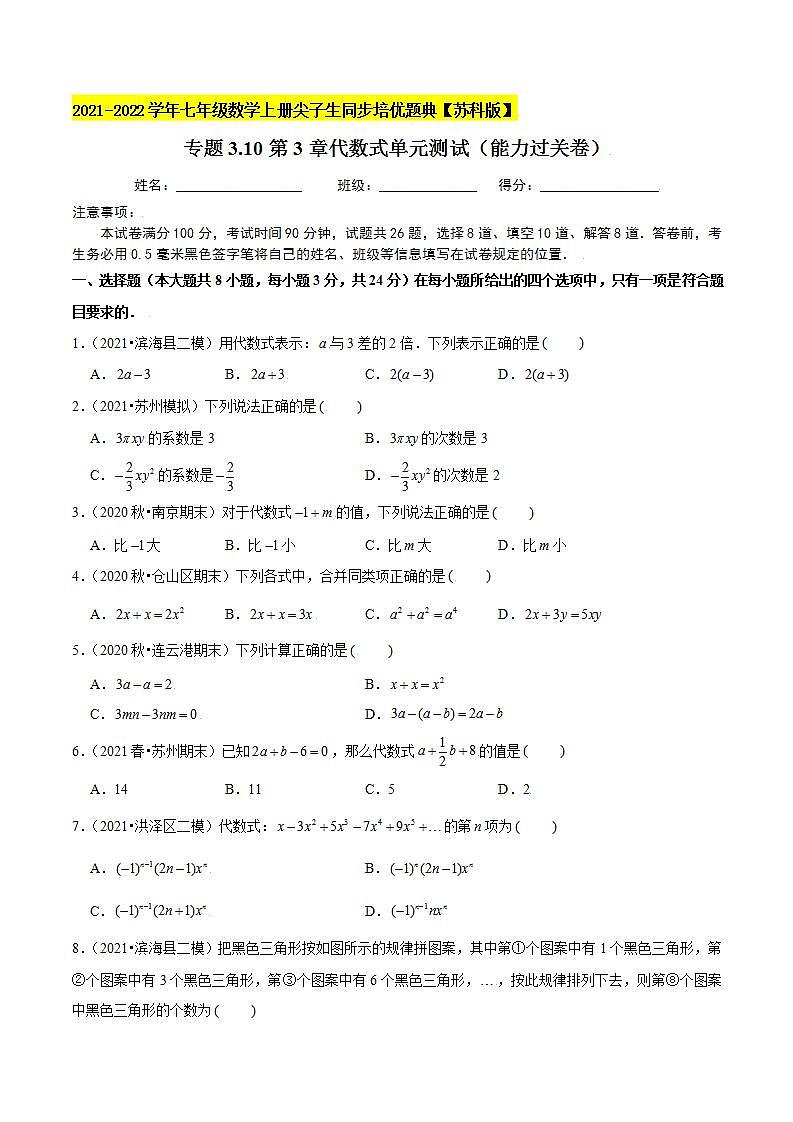 专题3.10第3章代数式单元测试(能力过关卷)-2021-2022学年七年级数学上册尖子生同步培优题典(原卷版)【苏科版】01