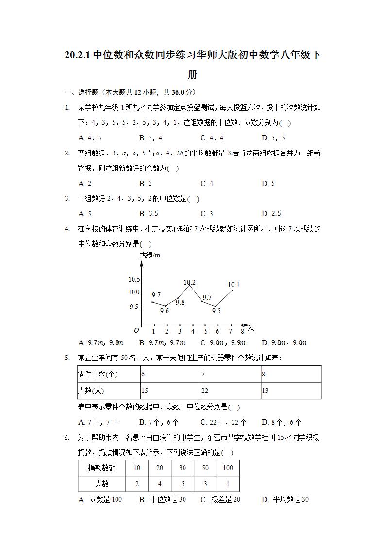 初中数学华师大版八年级下册1. 中位数和众数精品同步达标检测题