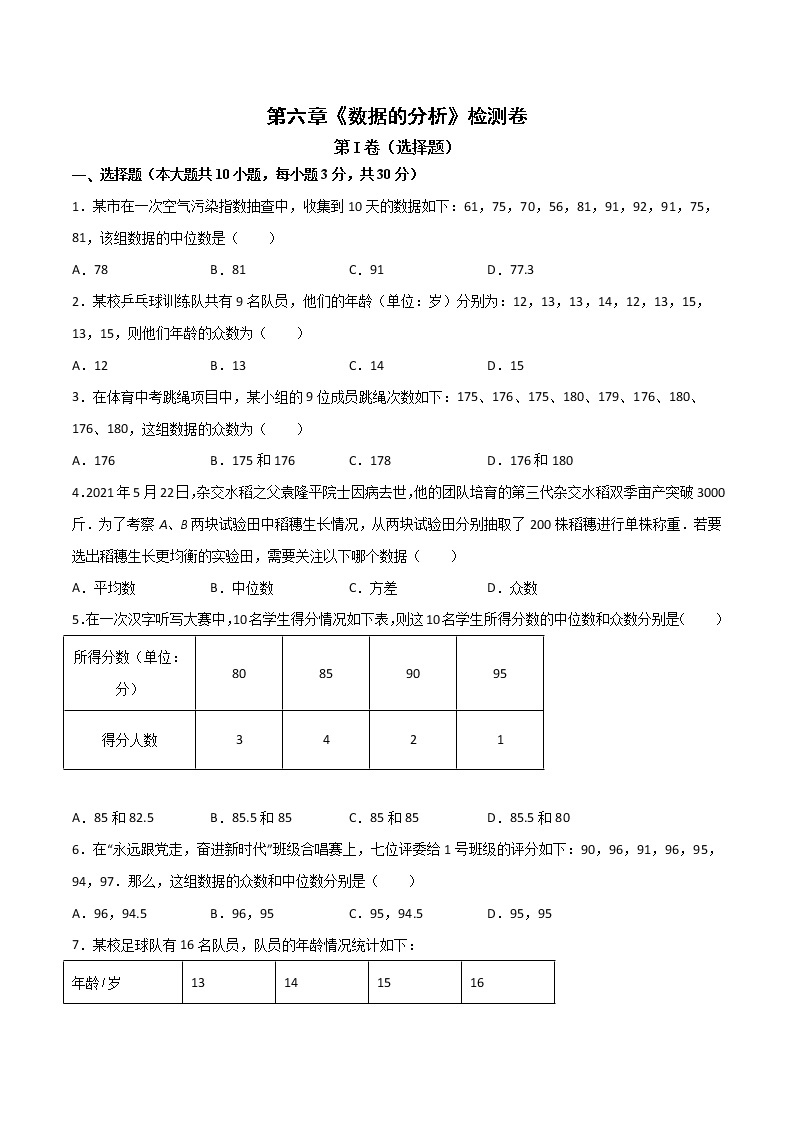 第六章《数据的分析》检测卷八年级数学上学期同步单元检测北师大版（解析版）01