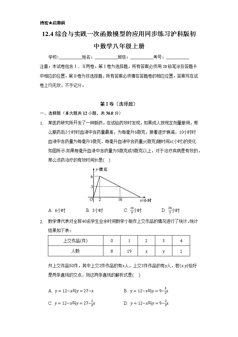 12.4综合与实践 一次函数模型的应用 同步练习 沪科版初中数学八年级上册01