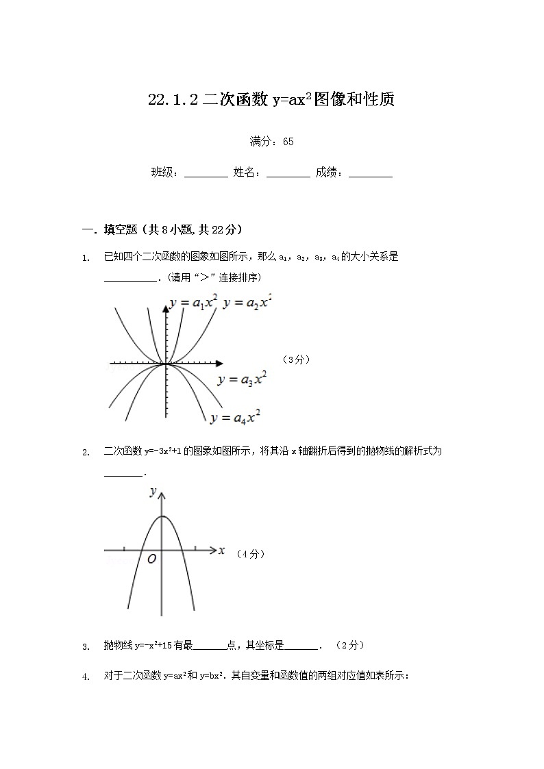 22.1.2二次函数y=ax2图像和性质练习题第1页