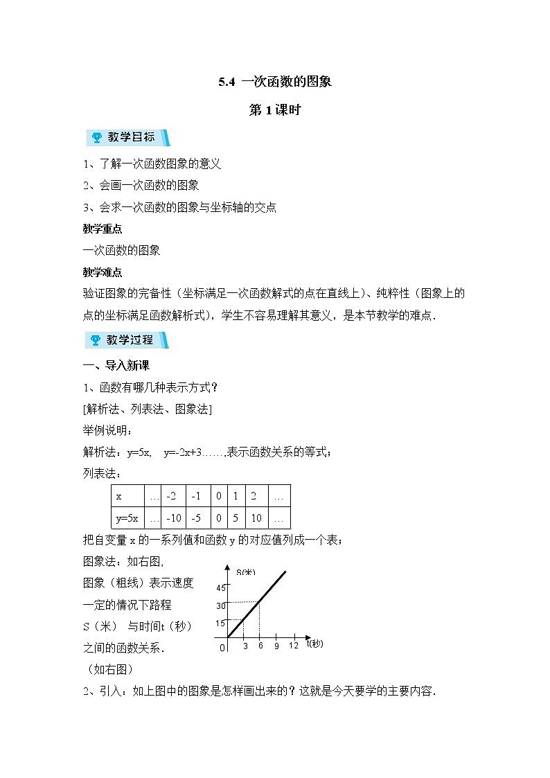 2021-2022学年度浙教版八年级数学上册教案5.4 一次函数的图象 第1课时01