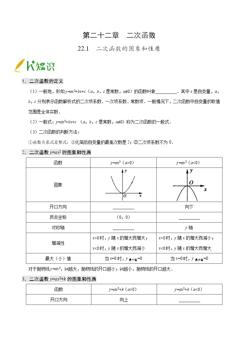 【同步练习】人教版初三数学全册练习 第22章《二次函数》 22.1二次函数的图象和性质学案01