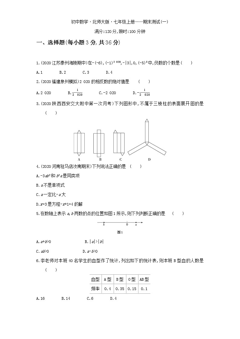 2021-2022学年北师版数学七年级上学期期末测试(一)(word版含答案)01