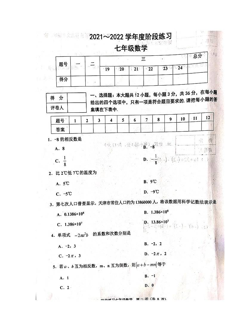 人教版-2021學(xué)年度第一學(xué)期七年級(jí)數(shù)學(xué)期中試卷附答案-掃描版第1頁(yè)