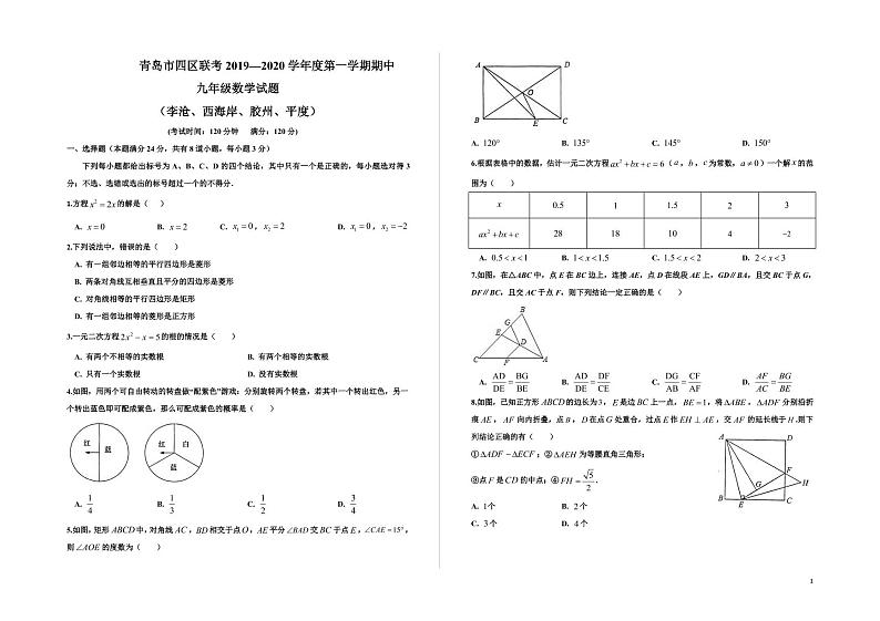 2019年青岛市青大附九年级上学期期中数学试题第1页