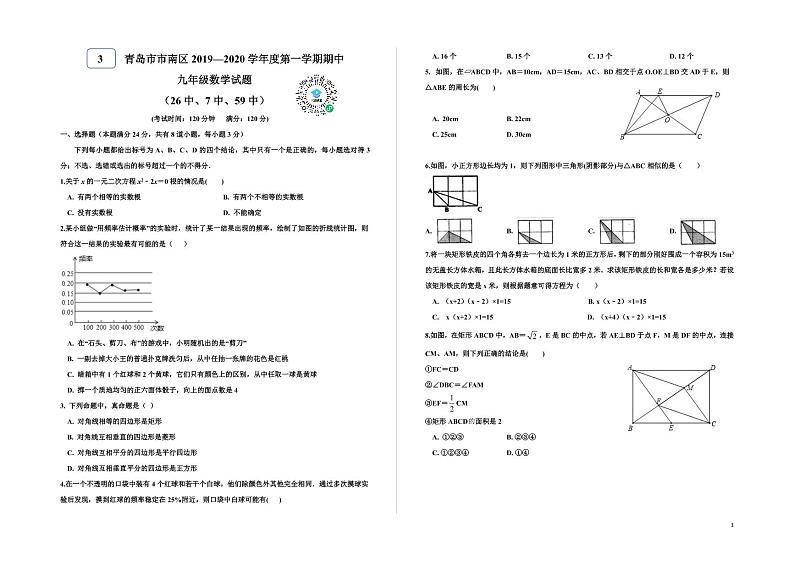 2019青岛市市南区九年级上学期期中数学试题第1页