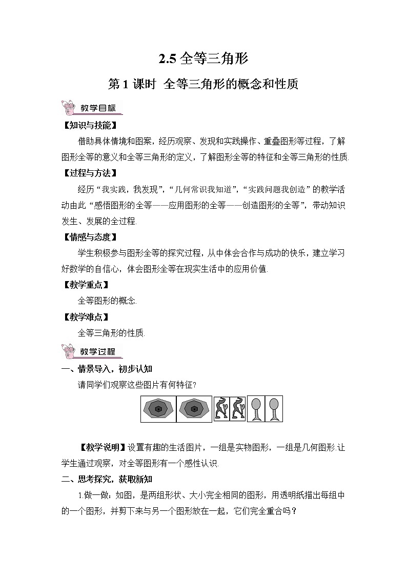 2.5 全等三角形 第1课时 全等三角形的概念和性质教案第1页