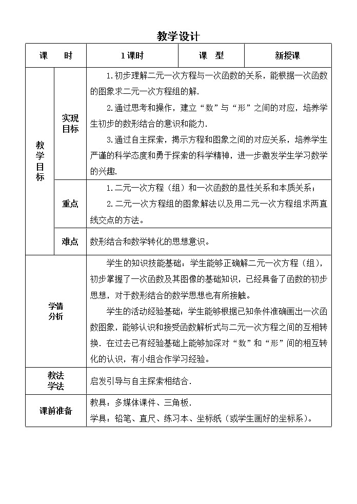 北师大版八年级数学上册 5.6 二元一次方程与一次函数(教案)第1页