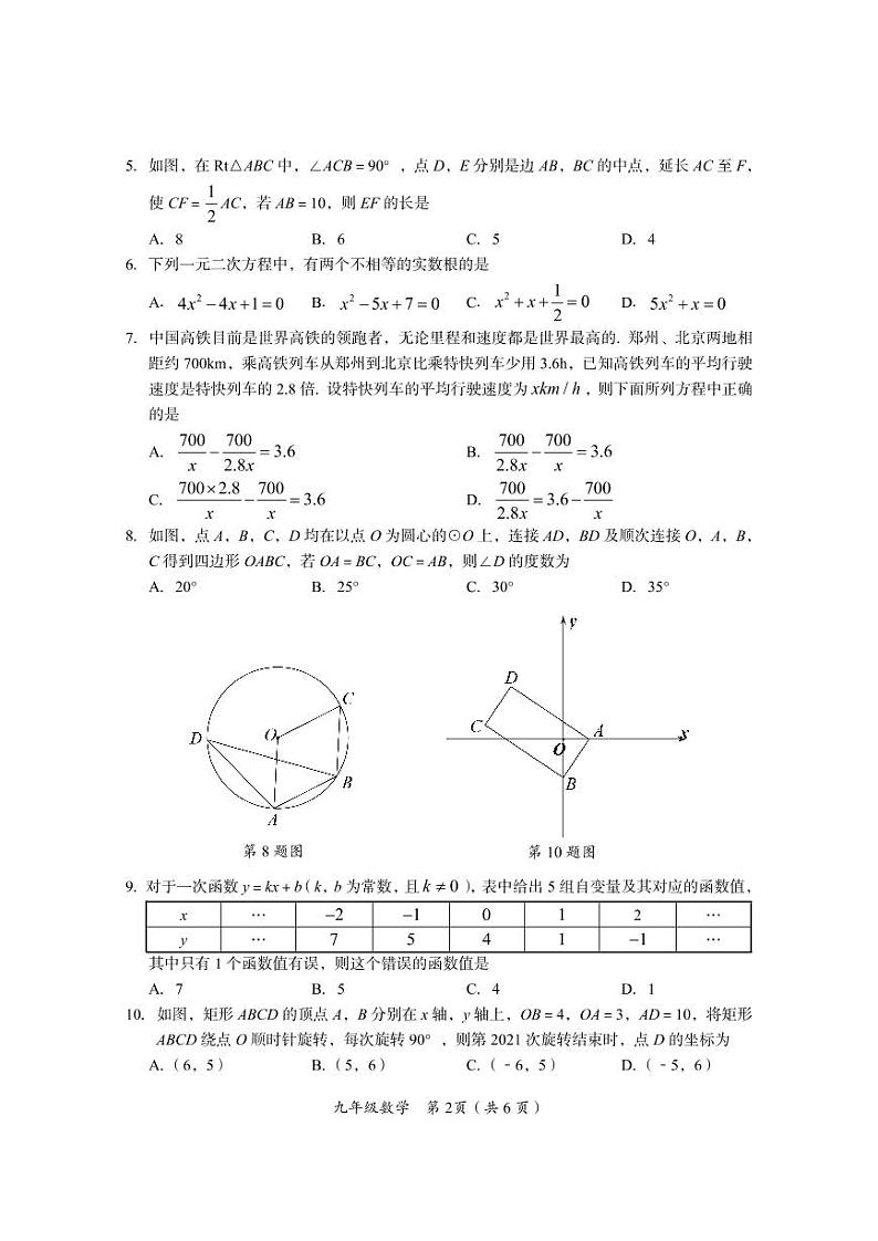 2021年河南省实验中学中考中招考前模拟数学试卷(含参考答案)第2页