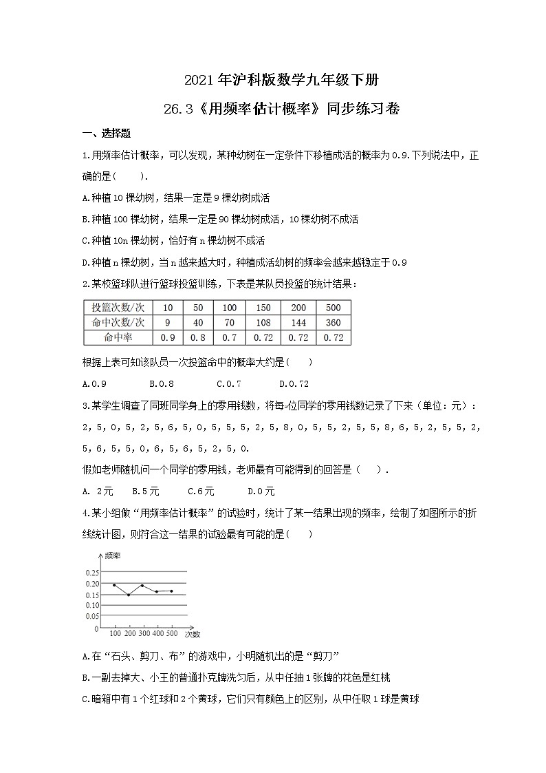 2021年沪科版数学九年级下册26.3《用频率估计概率》同步练习卷(含答案)第1页