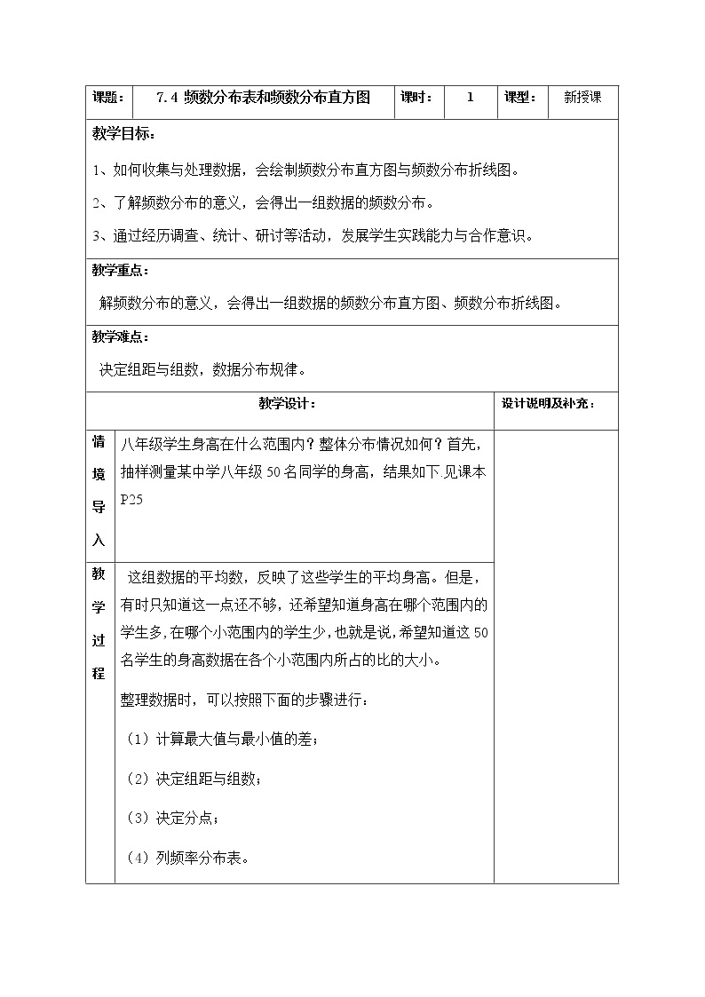 苏科版数学八年级下册 7.4频数分布直方图和频率表【教案】01