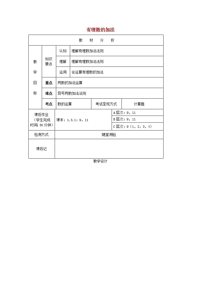 重庆市大坪中学七年级数学上册 1.3.1 有理数的加法教案 (新版)新人教版01