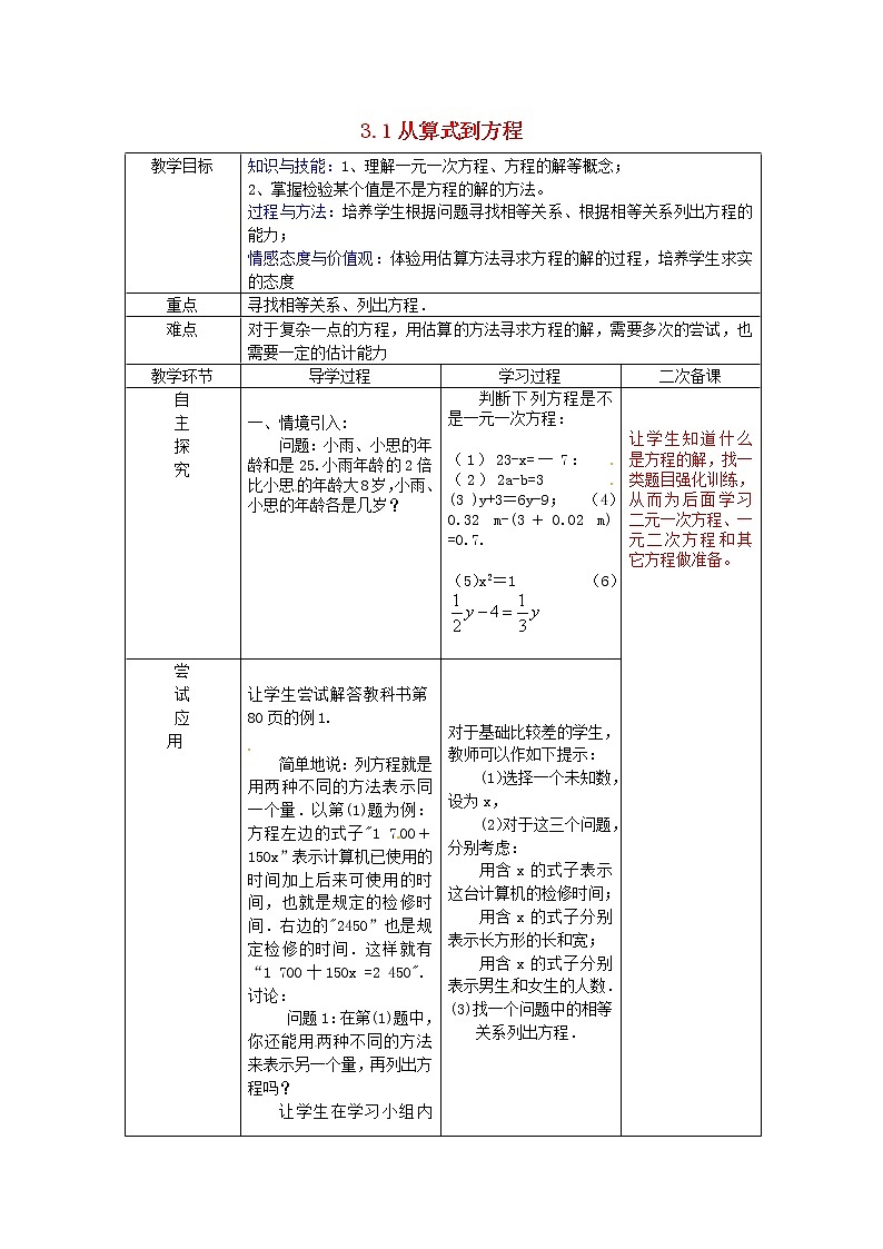 人教初中数学七上《3.1 从算式到方程》word教案 (2)第1页