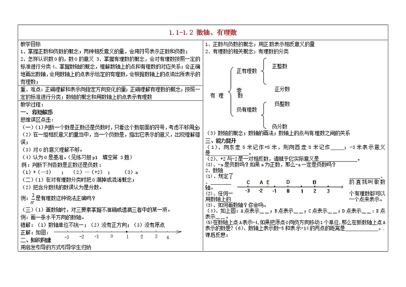 甘肃省陇南市西和县十里乡初级中学七年级数学上册 1.1-1.2 数轴、有理数反馈教案1 (新版)新人教版第1页
