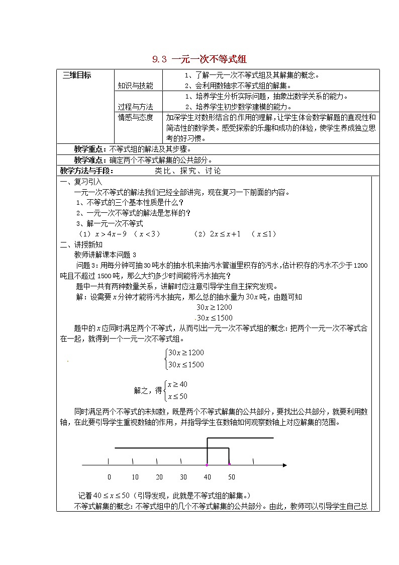 第7套人教初中数学七下 9.3 一元一次不等式组教案第1页