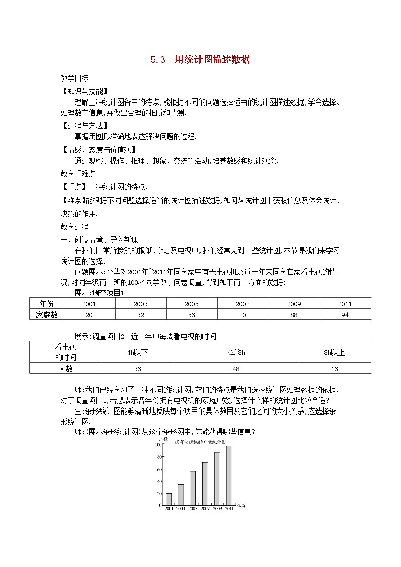沪科初中数学七上《5.3 用统计图描述数据》word教案第1页