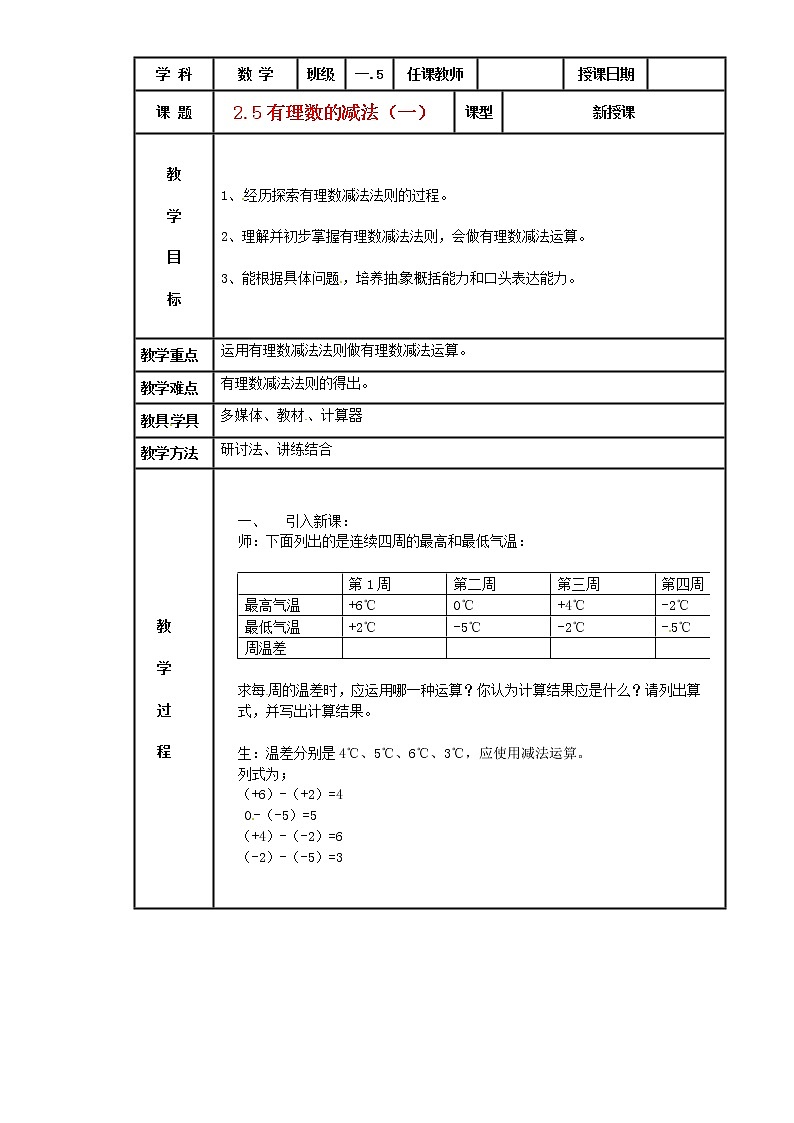 北京课改初中数学七上《1.5有理数的减法》word教案 第1页