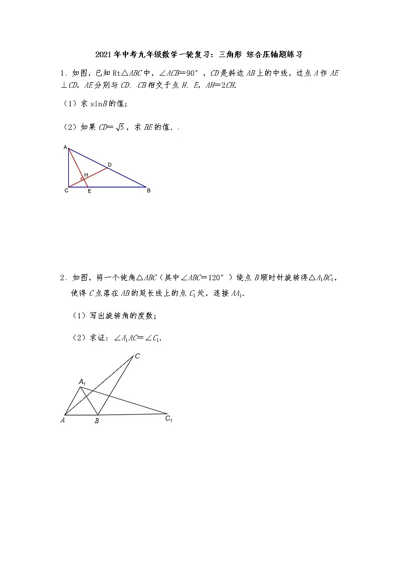 2021年中考九年级数学一轮复习:三角形 综合压轴题练习(Word版 无答案)第1页