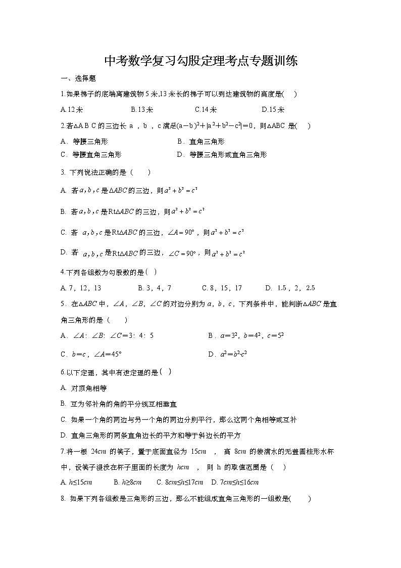 2021年中考数学二轮复习:勾股定理考点专题训练2(Word版 无答案)第1页
