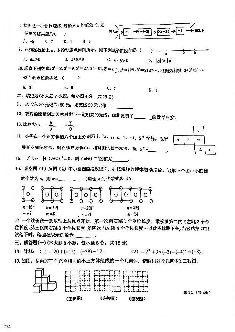 2021年广东顺德顺峰中学七年级上学期数学期中考试第2页