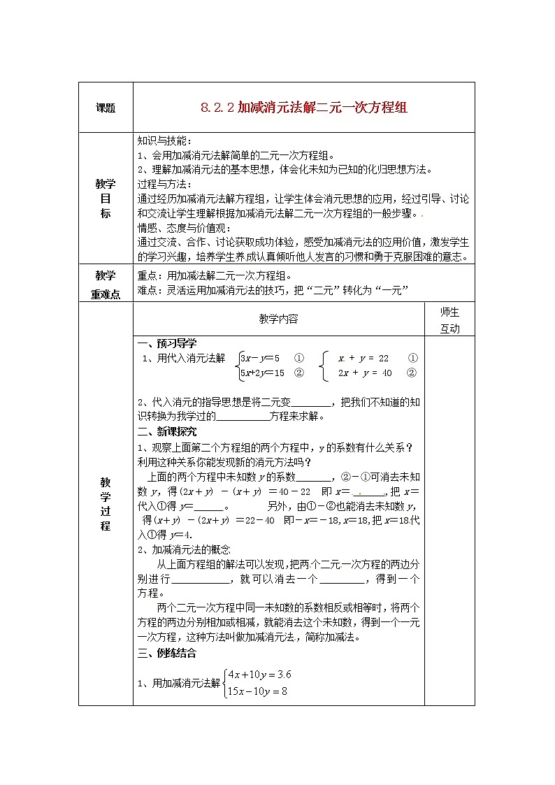第5套人教初中数学七下 8.2.2 加减消元法解二元一次方程组教案第1页
