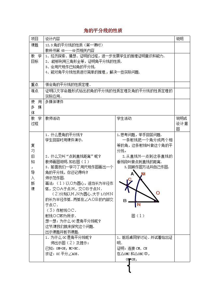 第6套人教初中數(shù)學八上  12.3 角平分線的性質(zhì)（1）教案第1頁