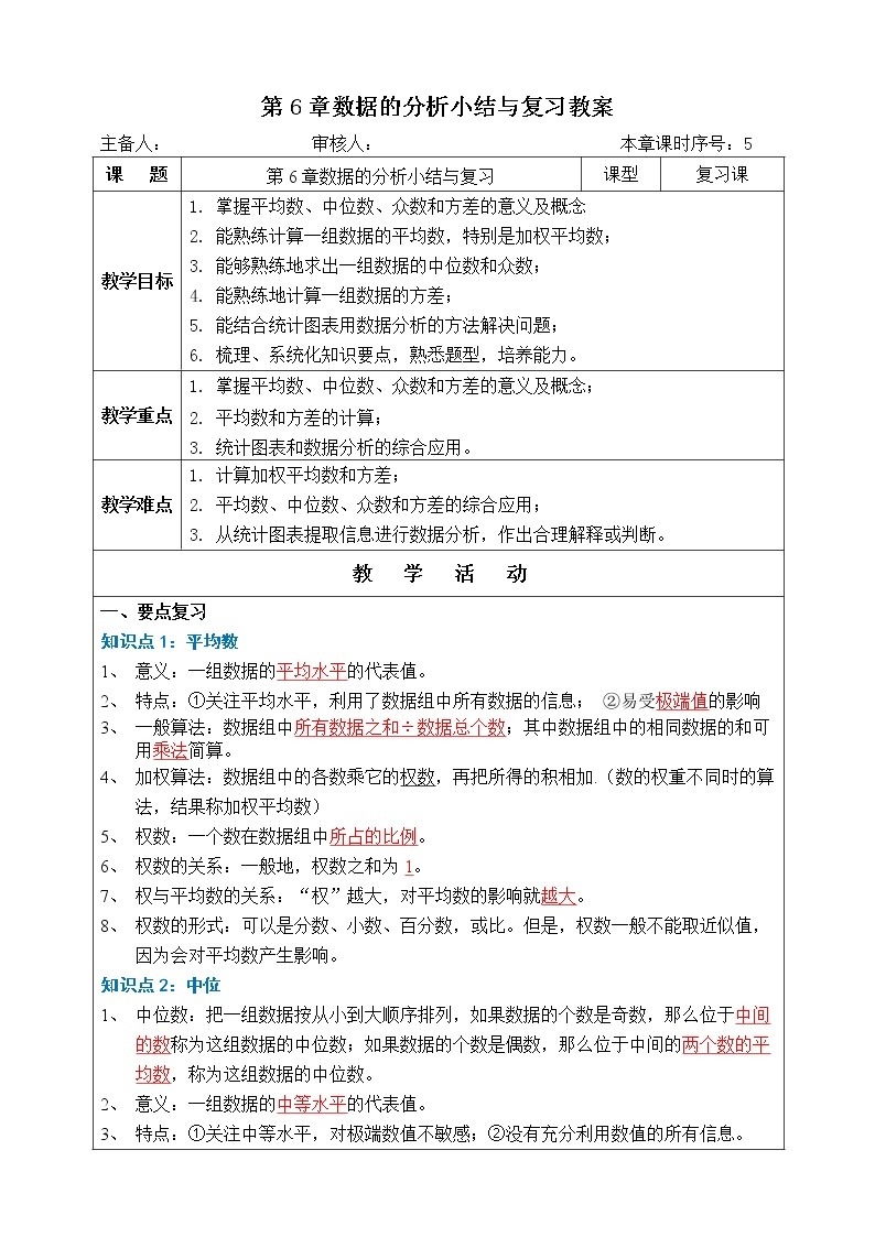 湘教版数学七下：第6章 数据的分析 小结与复习 课件+教案01