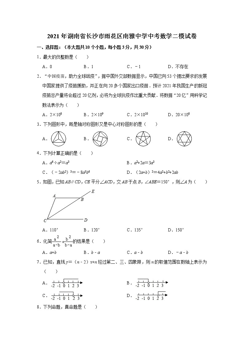 2021年湖南省长沙市雨花区南雅中学中考数学二模试卷 (解析版+原卷版)01