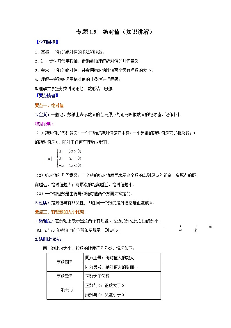 专题1.9 绝对值(知识讲解)-2021-2022学年七年级数学上册基础知识专项讲练(人教版)01