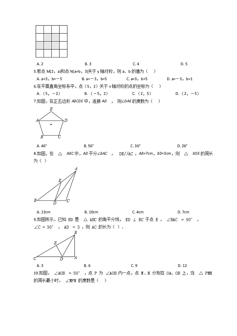 2021-2022学年度第一学期八年级数学第13章《轴对称》 期末复习练习卷(人教版)第2页