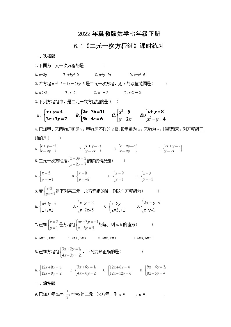 2022年冀教版数学七年级下册6.1《二元一次方程组》课时练习（含答案）01