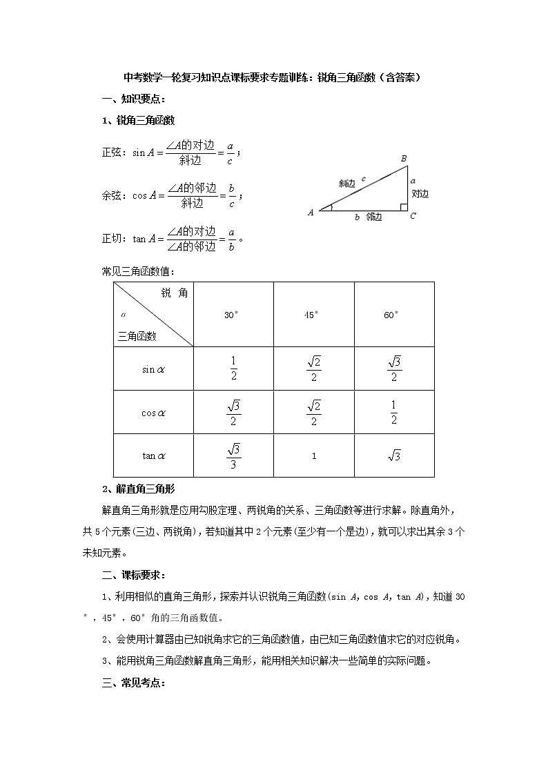 中考数学一轮复习《锐角三角形》知识要点及专题练习第1页