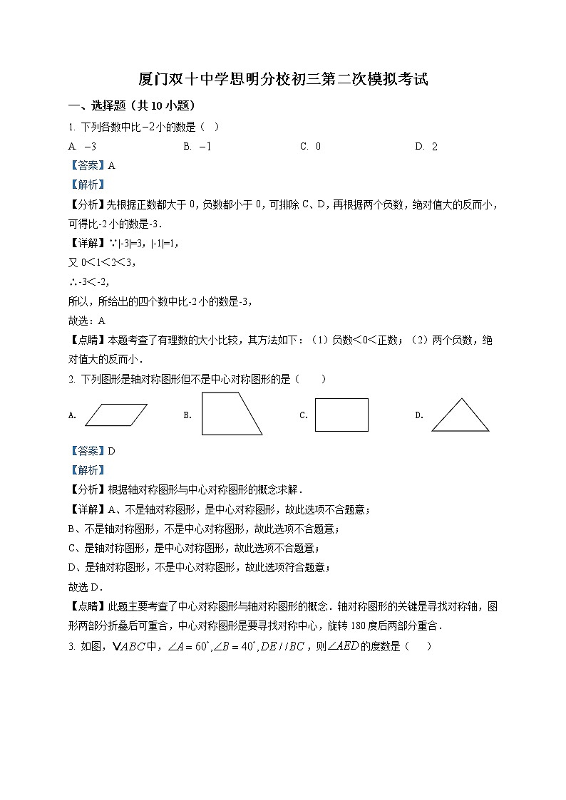 精品解析:福建省厦门市双十中学思明分校2020-2021学年九年级下学期中考二模(6月)数学试题(解析版)第1页