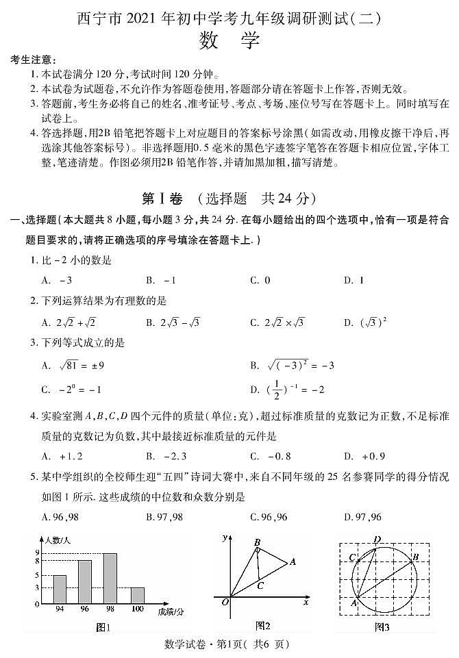 青海省西宁市2021年初中学考调研测试二(中考二模)数学试题及答案(PDF)01