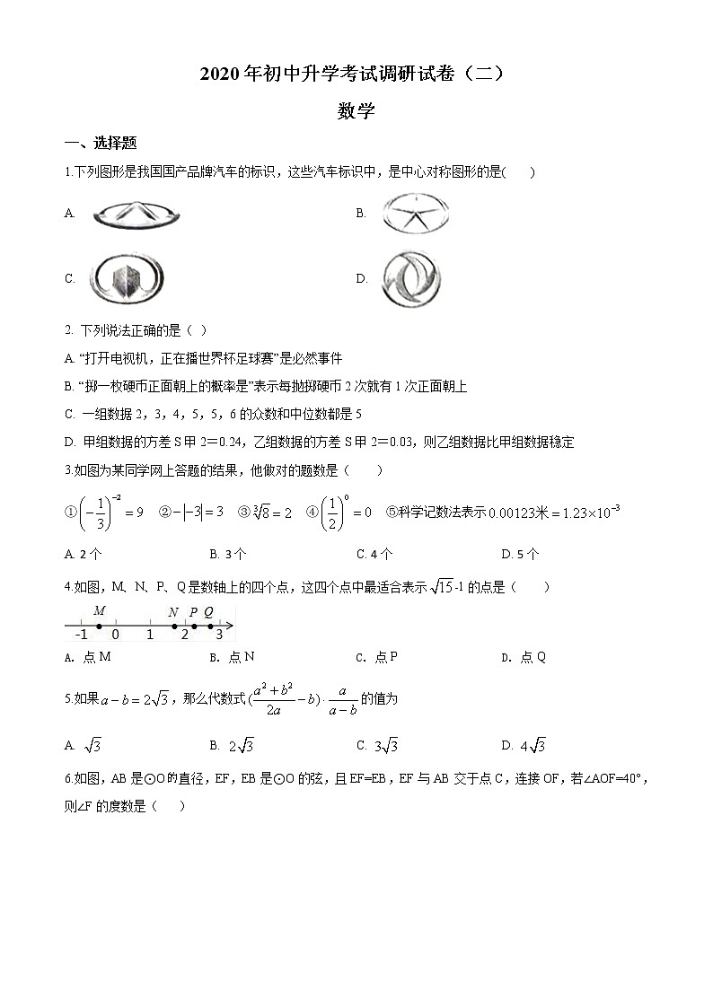 精品解析:2020年内蒙古包头市青山区中考二模数学试题(解析版+原卷版)01