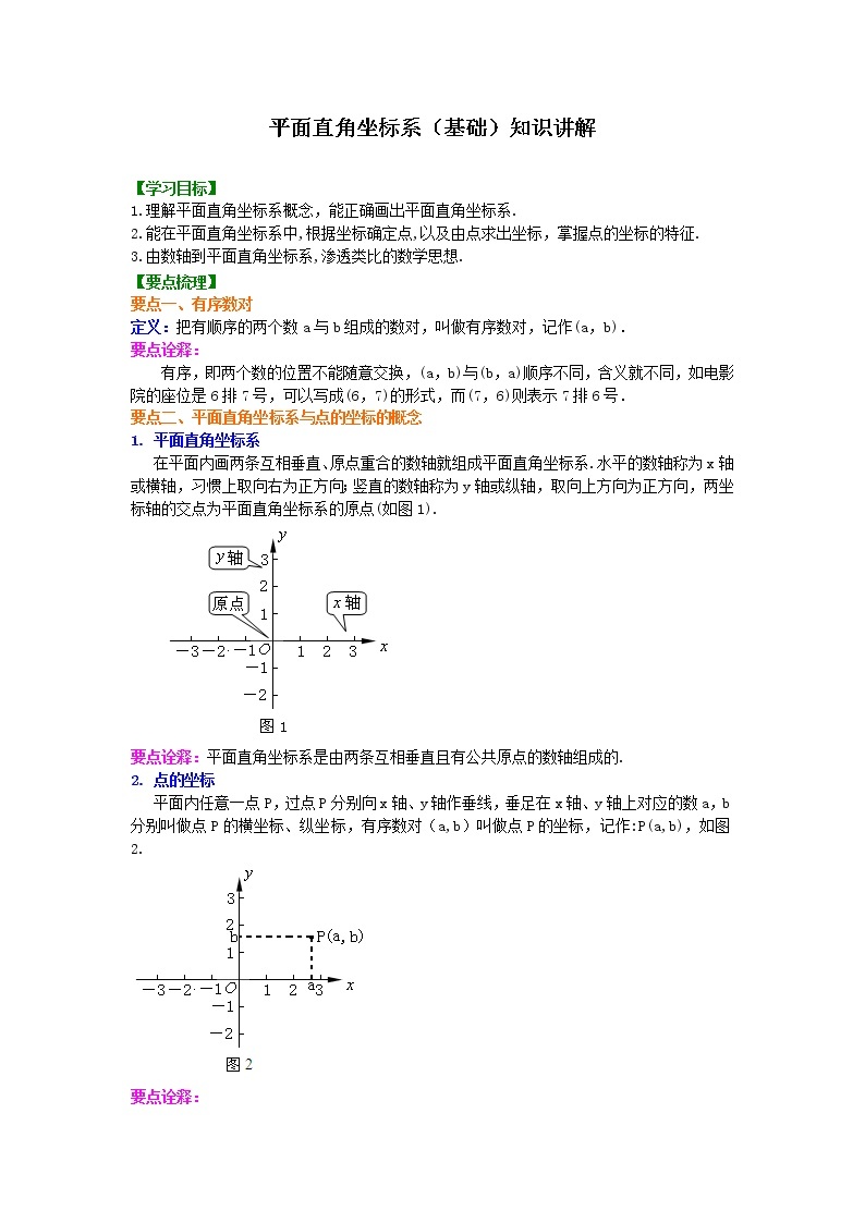 七年级下册人教版第七章第一节平面直角坐标系(基础)知识讲解学案01