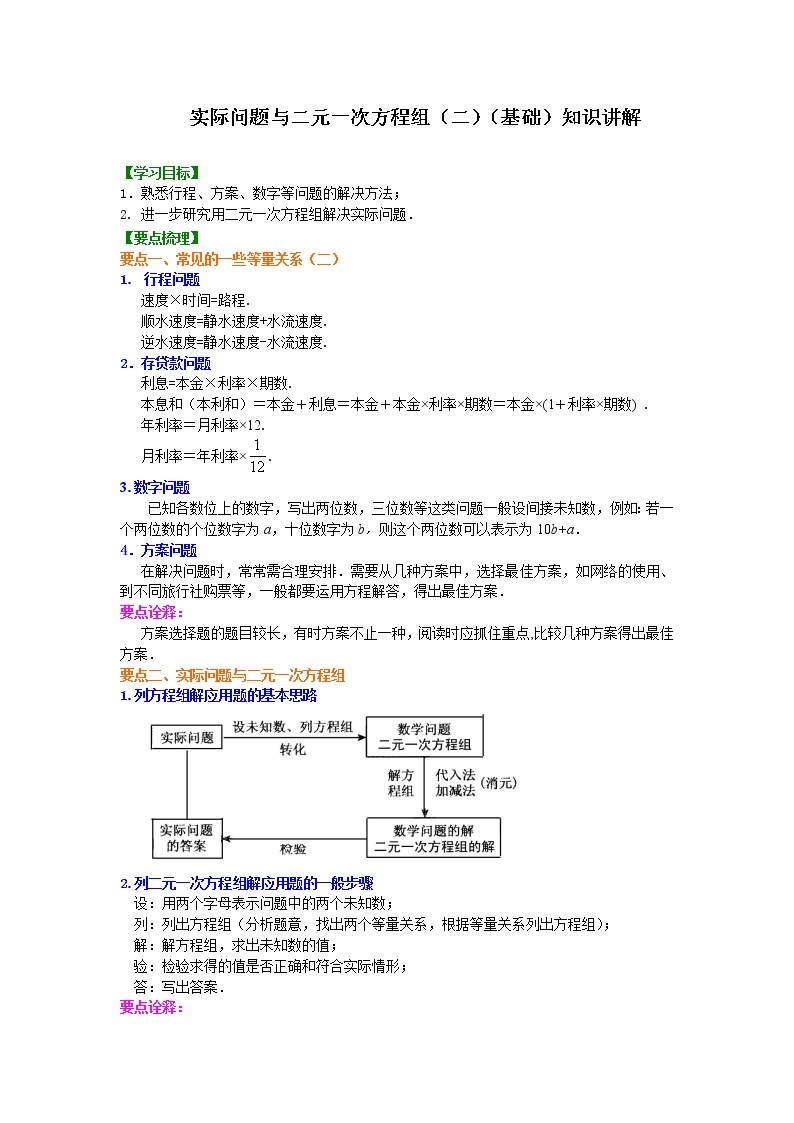 七年级下册第八章第三节实际问题与二元一次方程组（二）(基础)知识讲解学案01