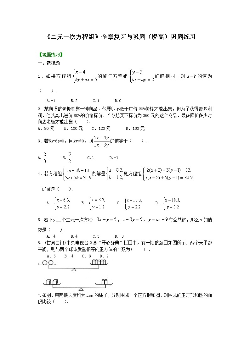 七年级下册人教版第八章《二元一次方程组》全章复习与巩固(提高)巩固练习01