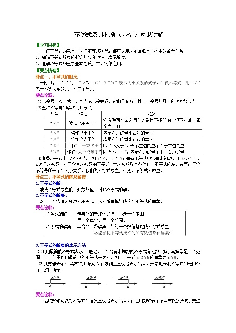 七年级下册第九章第一节不等式及其性质(基础)知识讲解学案01