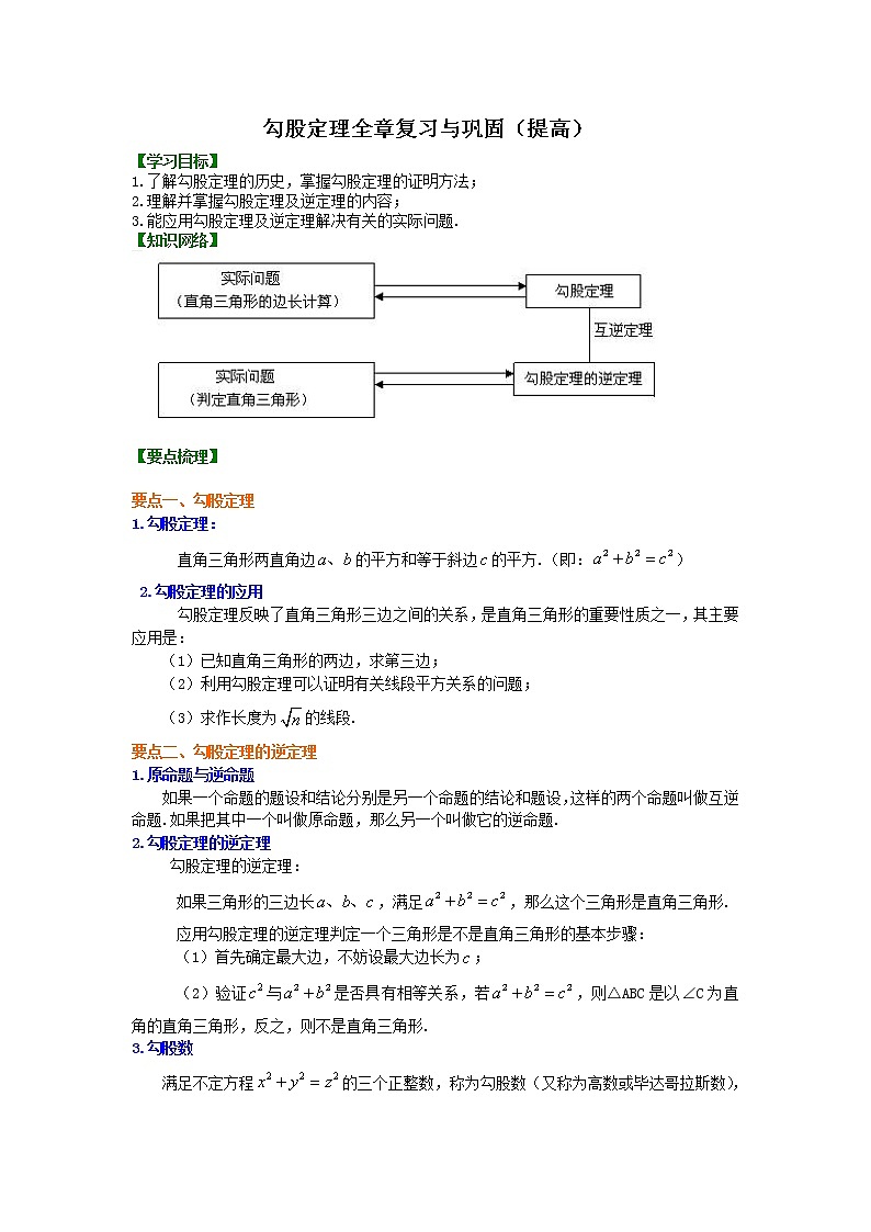 八年級下冊數(shù)學(xué)人教版第十七章勾股定理全章復(fù)習(xí)與鞏固(提高)知識講解學(xué)案第1頁