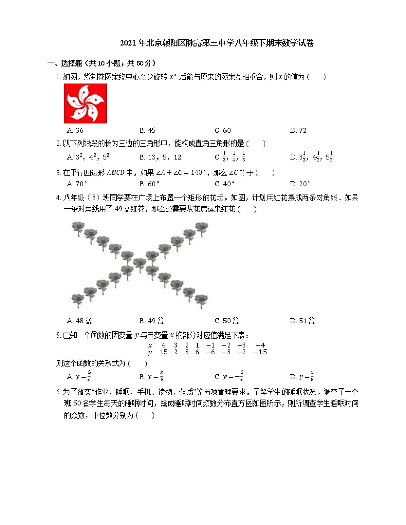 2021年北京朝阳区脉露第三中学八年级下期末数学试卷第1页