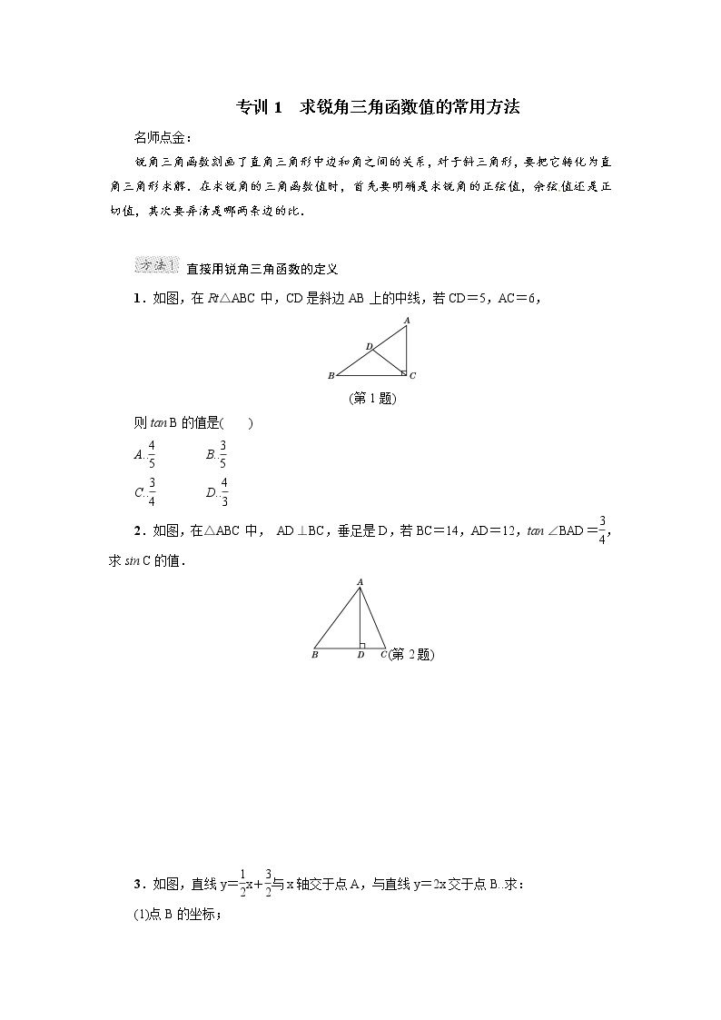 人教版九年级数学下册微卷专训专训1　求锐角三角函数值的常用方法教案