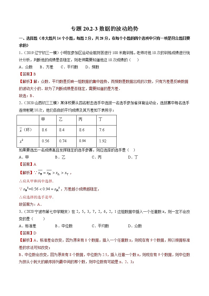专题20.2-3 数据的波动趋势-八年级下册数学 精讲+练习(人教版)01