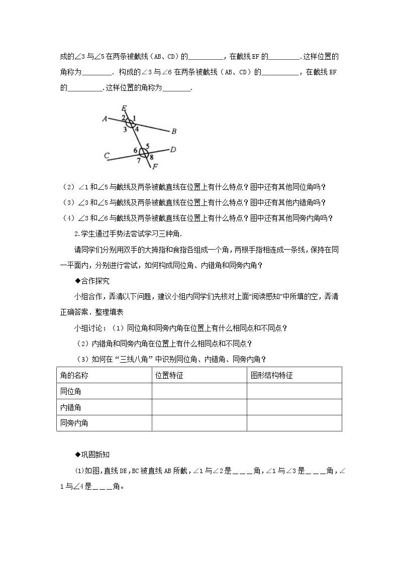 华东师大版数学七年级上册 5.1.3 同位角、内错角、同旁内角 教案02