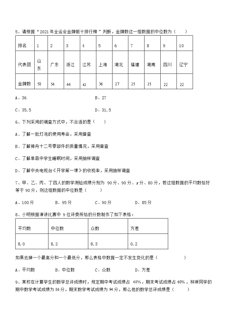 知识点详解京改版七年级数学下册第九章数据的收集与表示章节测评试题(含答案解析)02