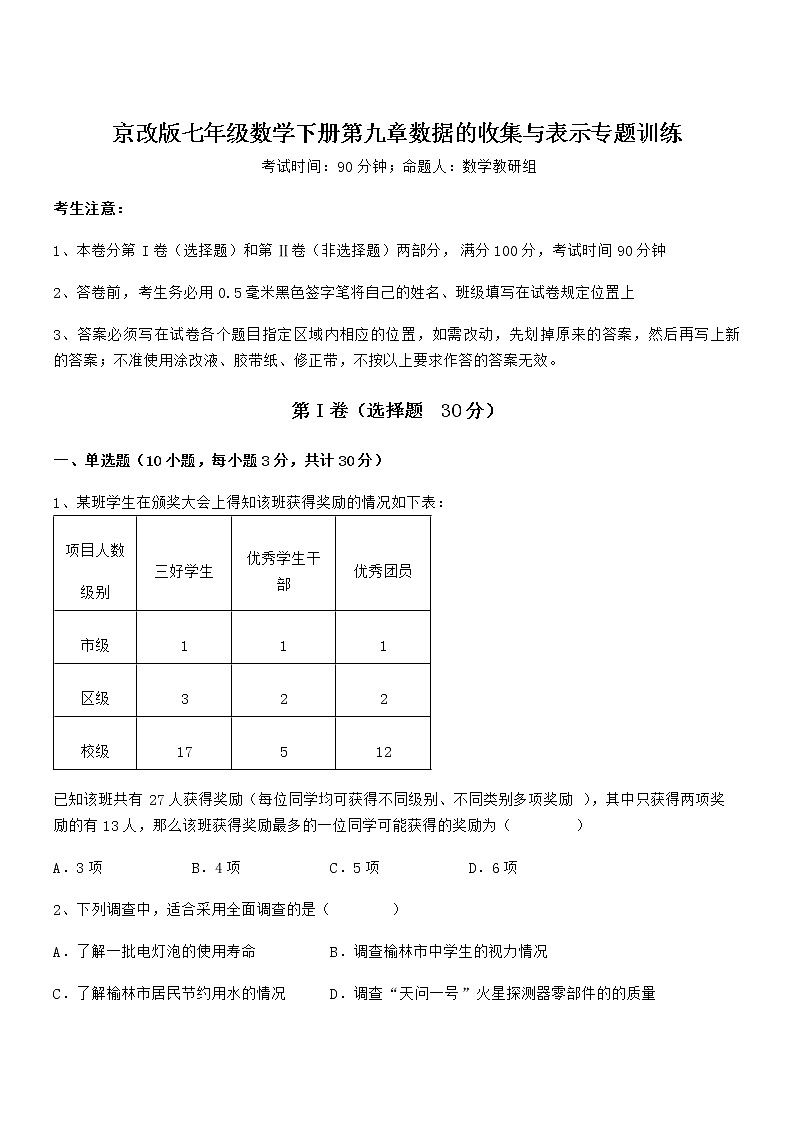 必考点解析京改版七年级数学下册第九章数据的收集与表示专题训练试题(无超纲)第1页