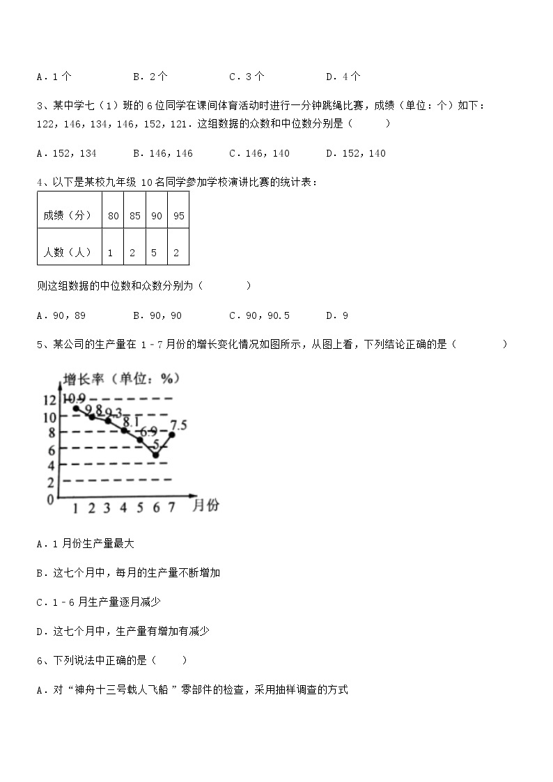 精品解析2022年京改版七年级数学下册第九章数据的收集与表示同步测试试卷（名师精选）02